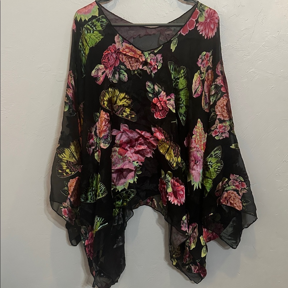 New Natalie Baroni Floral & Butterflies Black Kimono Top Size Medium/Large NWOT - Picture 7 of 9